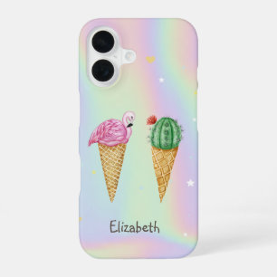 Eiscreme Pink Flamingos Kaktus Holografisch iPhone 16 Hülle