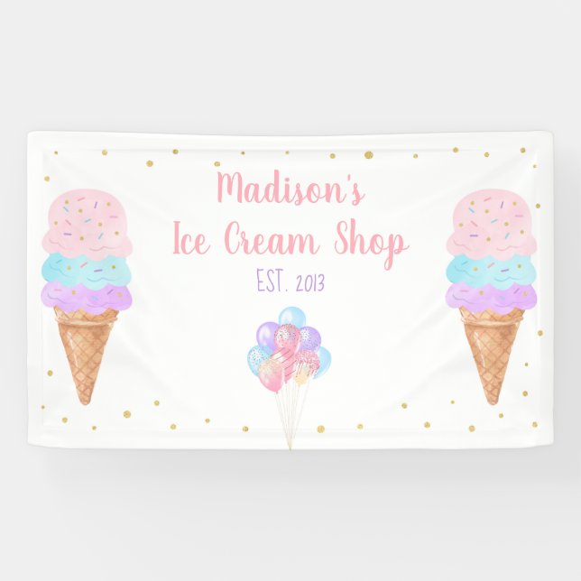 Eiscreme Pink Gold Pastell Geburtstag Banner (Horizontal)