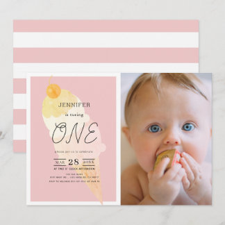 Eiscreme Pink Stripe Girl 1. Geburtstag Einladung
