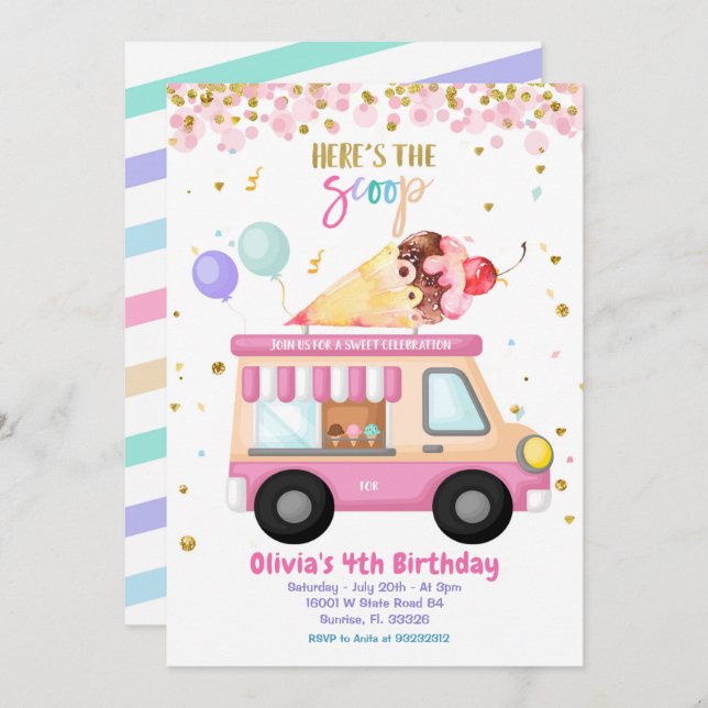 Eiscreme Pink Truck Sweet Time Birthday  Einladung (Vorne/Hinten)