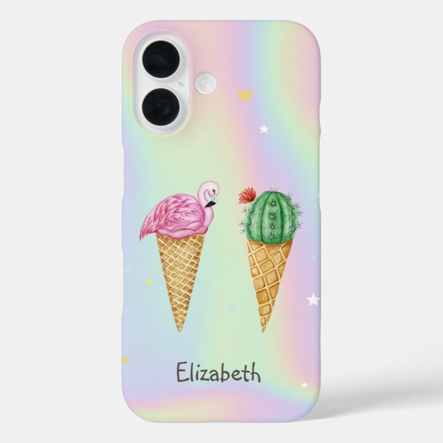 Eiscreme Rosa Flamingos Cactus Holographic Case-Mate iPhone Hülle (Rückseite)