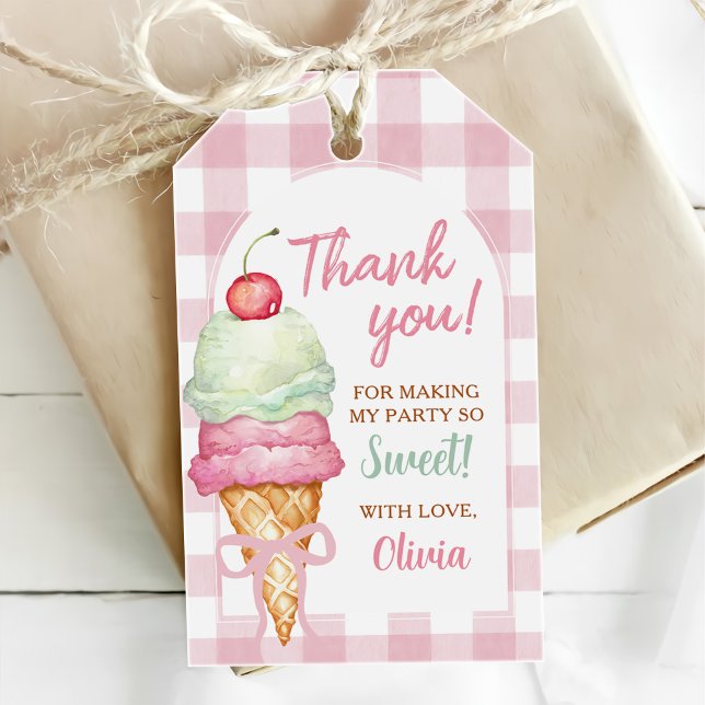 Eiscreme Rosa Schleife Gingham Geburtstagsfeier Geschenkanhänger (Von Creator hochgeladen)