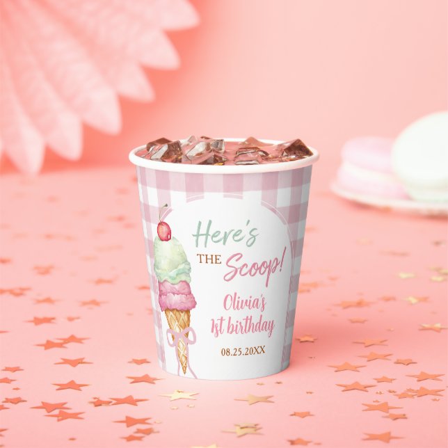 Eiscreme Rosa Schleife Gingham Geburtstagsfeier Pappbecher (Insitu)