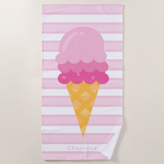Eiscreme, rosa, weiße Streifen, Monogramm Strandtuch (Vorderseite)