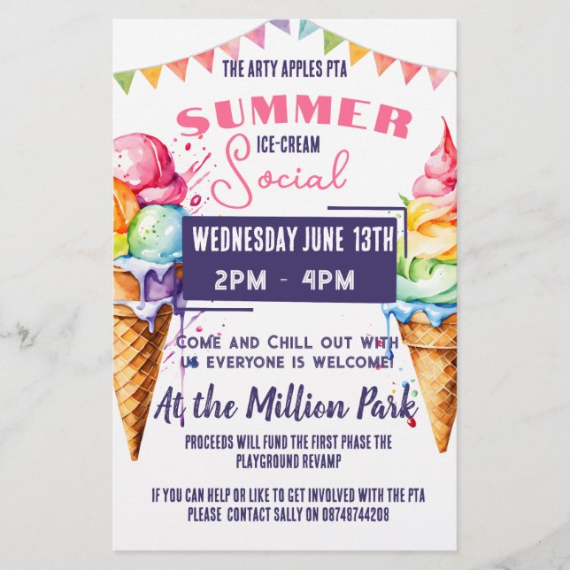 Eiscreme Social Event Pink & Marine PTA PTO Flyer (Vorne)