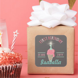 Eiscreme Sparkler 1. Geburtstag Party Geschenktag Quadratischer Aufkleber