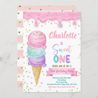 Eiscreme Süß 1. Geburtstag Party Rosa Minze Einladung