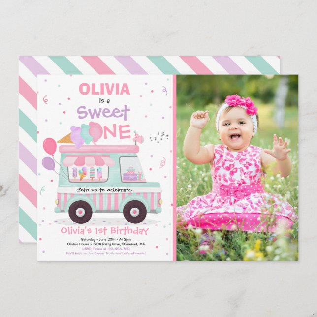 Eiscreme Sweet One Birthday Ice Cream Truck Invit Einladung (Vorne/Hinten)