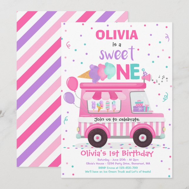 Eiscreme Sweet One Birthday Ice Cream Truck Invit Einladung (Vorne/Hinten)