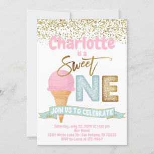 Eiscreme Sweet One Gold Sprinkles 1. Geburtstag Einladung
