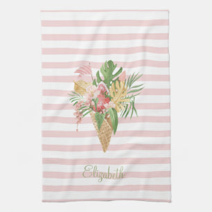 Eiscreme, Tropische Blätter Frucht, Rosa Streifen Geschirrtuch