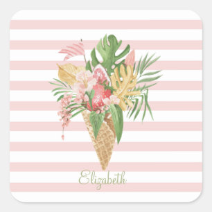 Eiscreme, Tropische Blätter Frucht, Rosa Streifen Quadratischer Aufkleber
