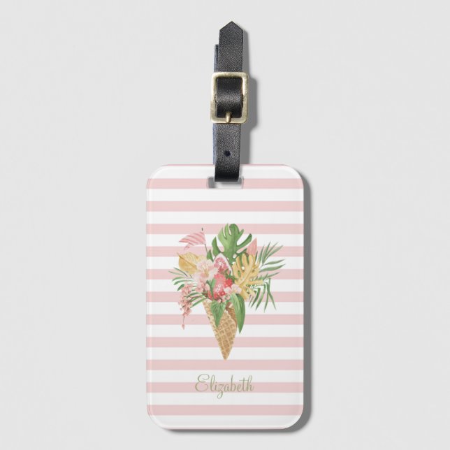 Eiscreme, tropische Blätter Obst, rosa Streifen Gepäckanhänger (Vorderseite Vertikal)