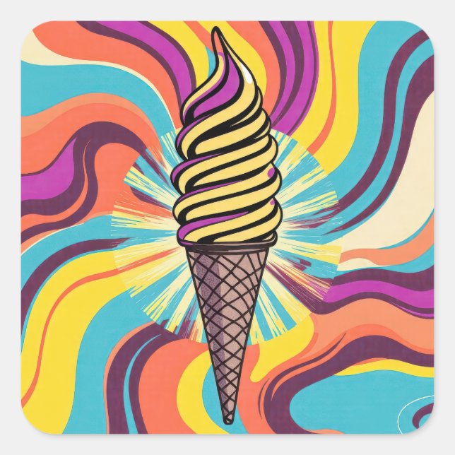 Eiscreme-Tüte Psychedelic Pop Art Quadratischer Aufkleber (Vorderseite)