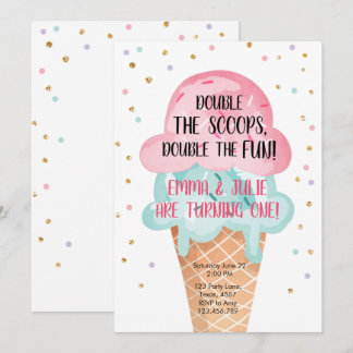 Eiscreme Twin Geburtstag Pink Mint Cone Confetti Einladung