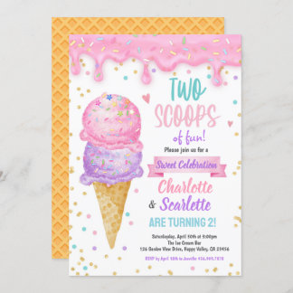 Eiscreme Twins Girl Geburtstagsparty Pink Lila Einladung