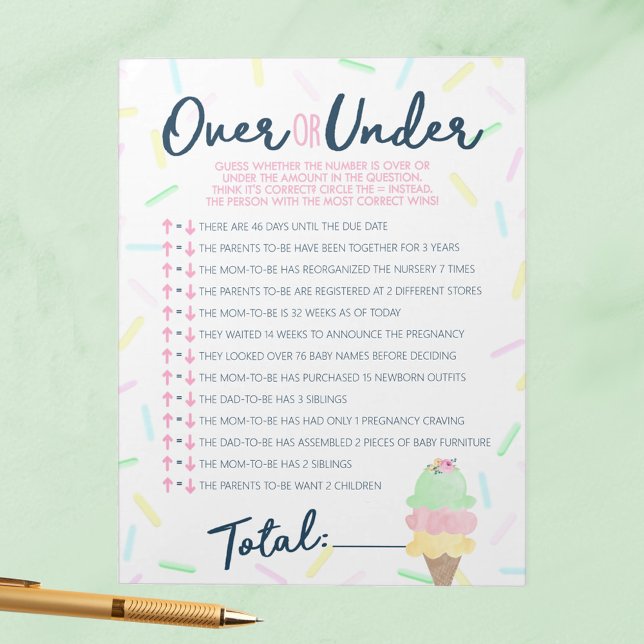 Eiscreme über oder unter Dusche Notizblock (Over or Under Ice Cream Scooped Up Bridal Shower Game Pack of 40 Answer Sheets)