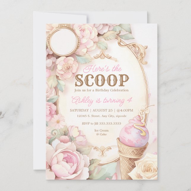 Eiscreme, Vintages Eis, blumenrosa Einladung (Vorderseite)