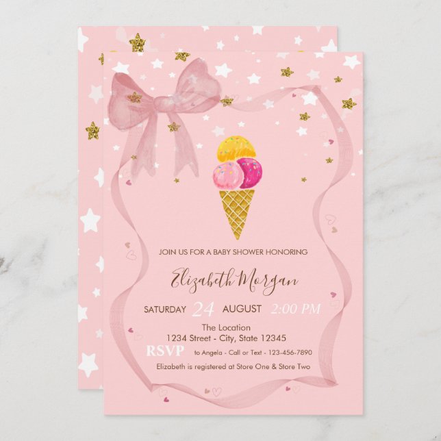 Eiscremes Stars Pink Bow Baby Dusche Einladung (Vorne/Hinten)