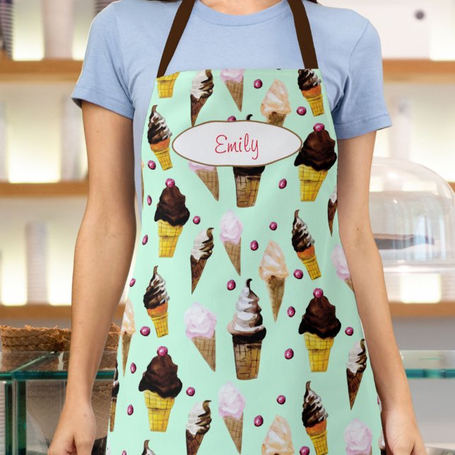 Eisdiele Mintgrün Personalisiert Schürze (This retro mint green ice cream apron features my own watercolor art of chocolate and vanilla cones.)