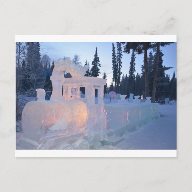 Eisenbahn Motor Eisskulptur Winterschneekunst Postkarte (Vorderseite)