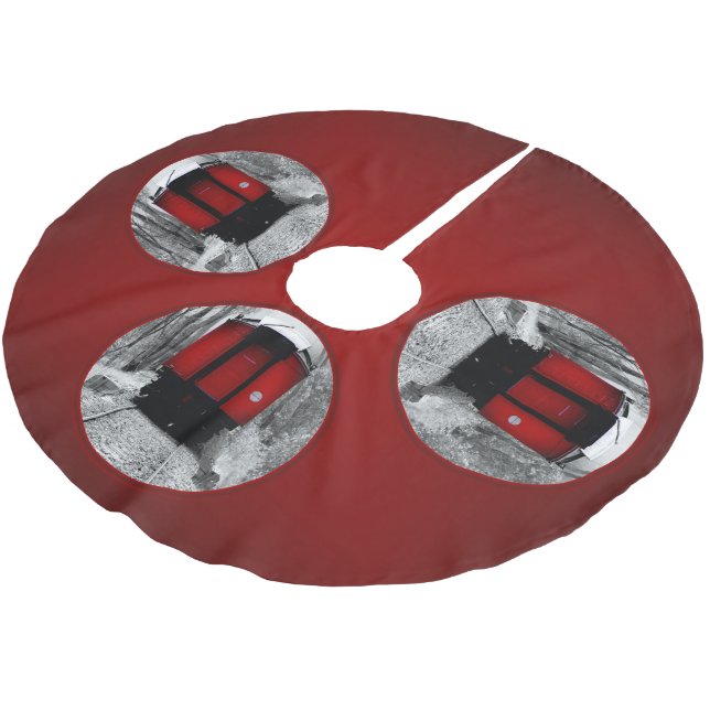 Eisenbahn Schwarzes und Rotes Erbe Polyester Weihnachtsbaumdecke (Schrägansicht)