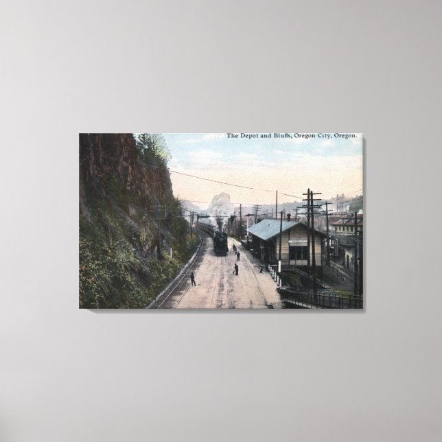 Eisenbahndepot und Bluffs City, OR Leinwanddruck (Vorderseite)