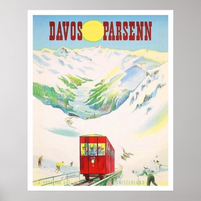 Eisenbahnstrecke Davos Parsenn, Roter Zug, Vintage Poster (Vorne)
