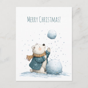 Eisfuchs genießt Schneeball-Weihnachten Aquarell Feiertagspostkarte