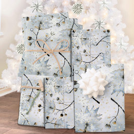 Eisgrau Winter Holly Berries Goldener Schneefall Geschenkpapier Set