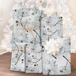 Eisgrau Winter Holly Berries Goldener Schneefall Geschenkpapier Set