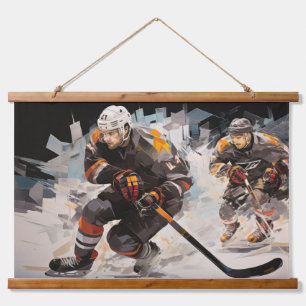 Eishockey Action Sport Malerei Abstrakt Art Deco Wandteppich Mit Holzrahmen