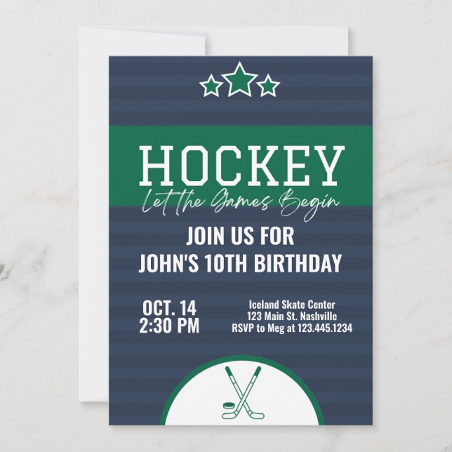 Eishockey Geburtstag Blue Green Strip Einladung (Vorderseite)