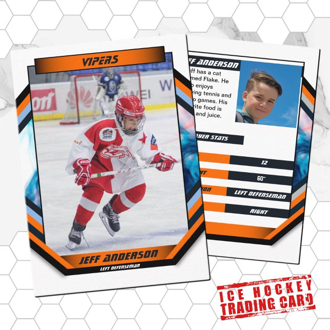 Eishockey-Handelskarte in Cool Orange White Visitenkarte (Ice Hockey Trading Card: Futuristic design, vibrant colors. Perfect for young fans! )