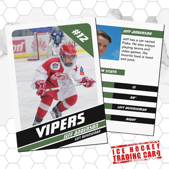 Eishockey-Handelskarte in Vigorot, grün, weiß Telefonnummerkarte (Proudly share youre kids' achievements with this green white and black card)
