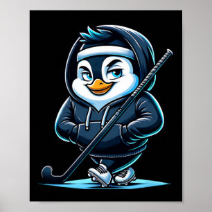 Eishockey Pinguin Maskottchen mit Stock und Schlit Poster