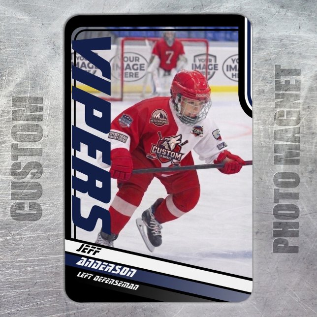 Eishockey-Spieler behalten sein Dynamisches Blau Magnet (Ice Hockey: Sleek blue and black magnet featuring customizable player image and team name.)