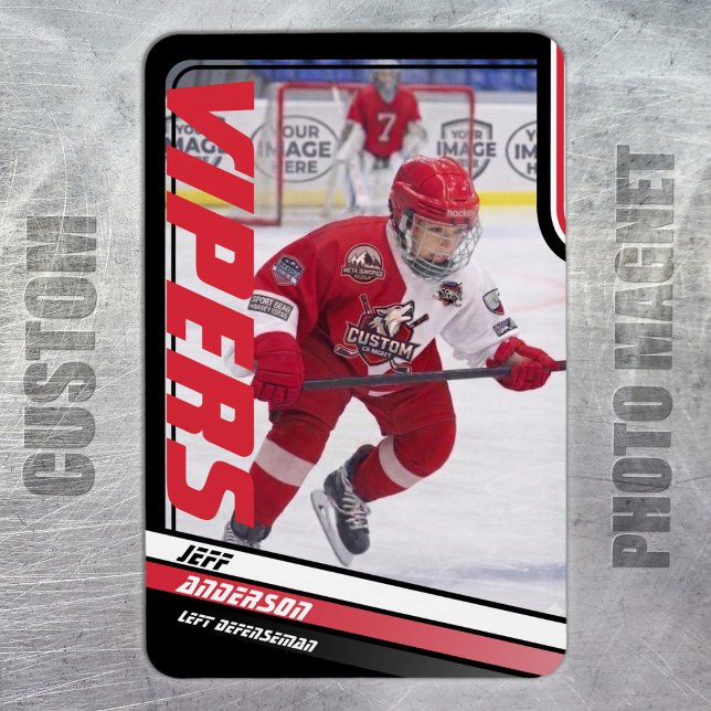 Eishockey-Spieler behalten sein Dynamisches Rot Magnet (Ice Hockey: Stand out with this red and black magnet featuring customizable player image and team.)