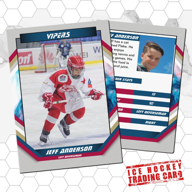 Eishockey-Trading-Card in Cool Red Blue Gray Visitenkarte (Ice Hockey Trading Card: Futuristic design, dynamic action. Perfect gift for kids and fans! )