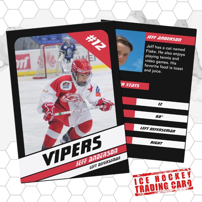 Eishockeyhandelskarte in lebendigem Rot Schwarz Telefonnummerkarte (Proudly share youre kids' achievements with this red white card)