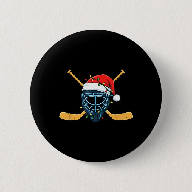 Eishockeymaske mit Weihnachtsmannmütze Weihnachtsl Button (Vorderseite)