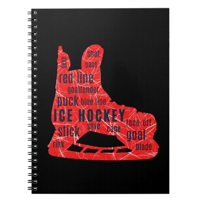 EishockeyNotebook (roter Skate mit Hockeywörtern) Notizblock (Vorderseite)