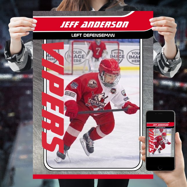 Eishockeyspieler auf individualisierbarem Rotmetal Poster (Proudly share youre kids' achievements with this red black and metal Poster)