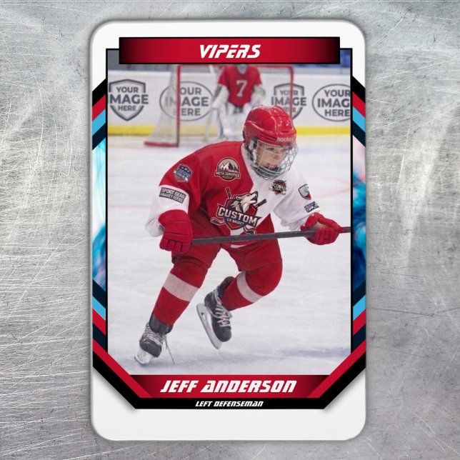 Eishockeyspieler behalten Coole Red Custom Magnet (Ice Hockey Trading Card Magnet: Futuristic design, dynamic action. Perfect for young fans! )