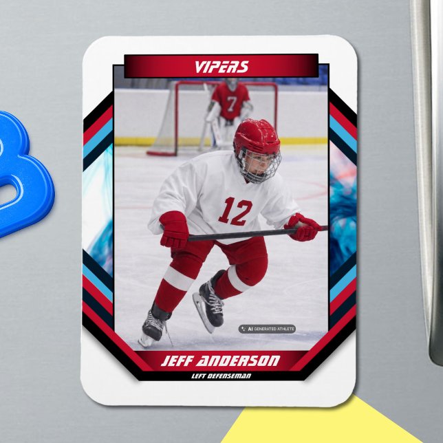 Eishockeyspieler behalten Coole Red Custom Magnet (Ice Hockey Trading Card Magnet: Futuristic design, dynamic action. Perfect for young fans! )