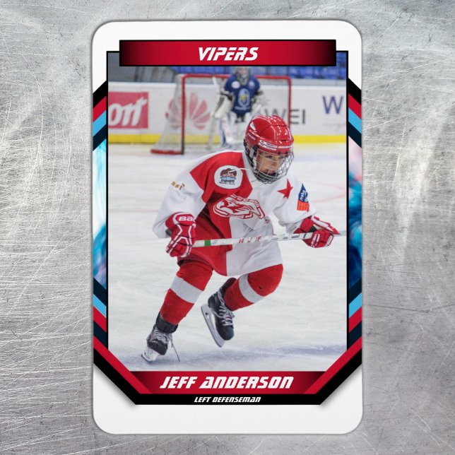 Eishockeyspieler behalten Coole Red Custom Magnet (Ice Hockey Trading Card Magnet: Futuristic design, dynamic action. Perfect for young fans! )