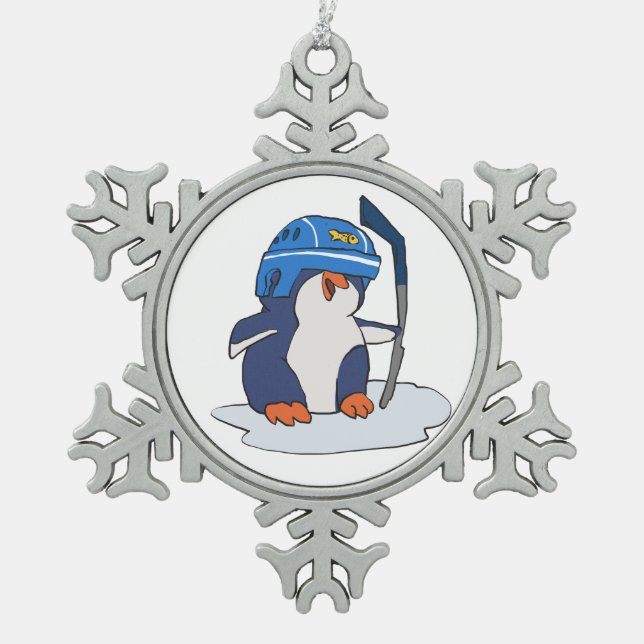 Eishockeyspieler| Hintergrundfarbe Schneeflocken Zinn-Ornament (Vorderseite)