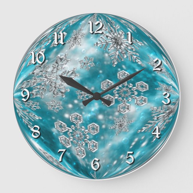 Eisige blaue Schneeflocke-Blasen-Wanduhr Große Wanduhr (Vorderseite)