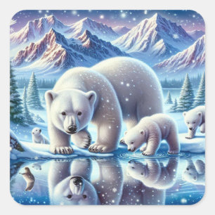 Eisige Familienszene mit Eisbären - Malerei Quadratischer Aufkleber