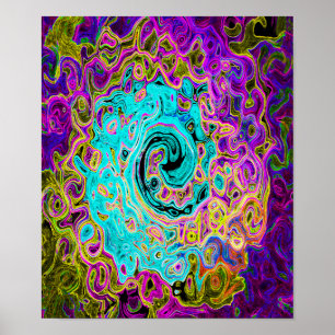 Eisiges Aqua-Blau Groovy Abstrakt Retro Flüssig Wi Poster